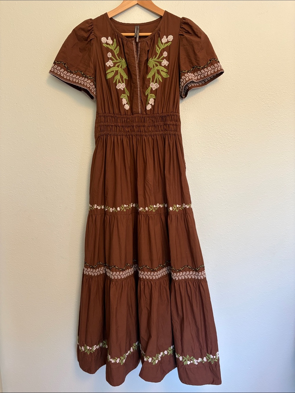 Anthropologie Somerset Maxi Dress with Green & Cream Floral Embroidery